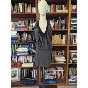 SOUL revival dark grey knit mini dress black beaded fringe neckline sz l nwot